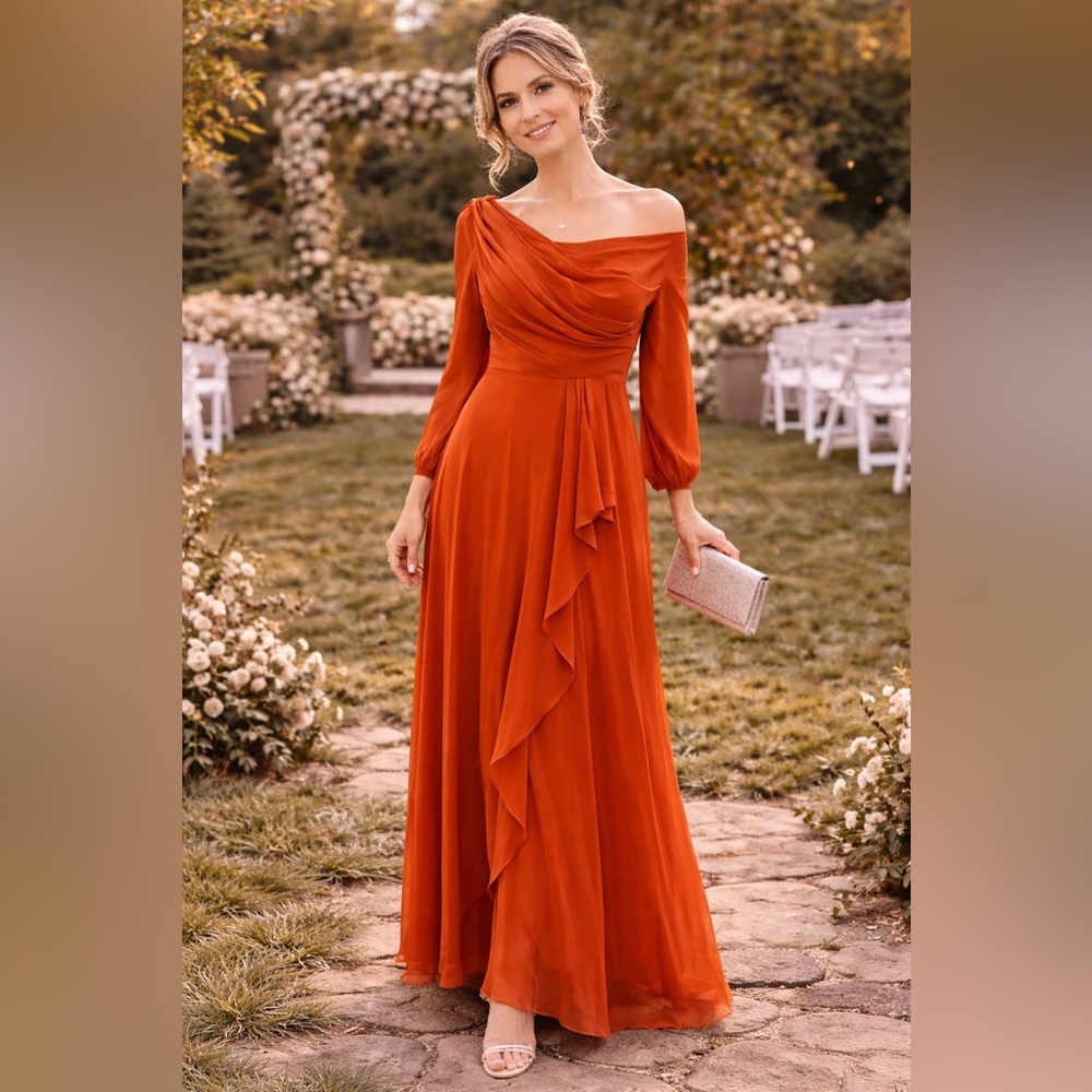 Orange Long Sleeveโ Slit Ruffles Chiffon Formal Dress sz 6 wedding guest NWNT